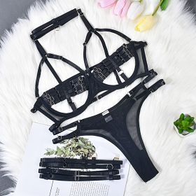 Sexy Lingerie Complex Interwoven Push Up Heavy Industry Four-piece Leg Ring (Option: Black-XL)