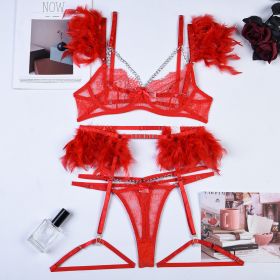 Chains Lace Sexy Lingerie Women Underwear Bra Panty Set (Option: Red-S)