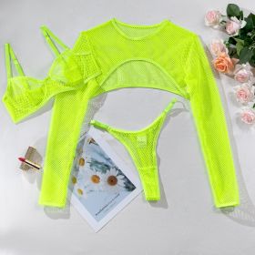 Long Sleeve Blouse Mesh Hollow Sexy Lingerie Three-piece Bra Short Waistcoat Top Suit (Option: Green-S)