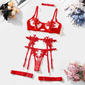 Embroidery Flower Mesh See-through Bra Set (Option: Red-S)